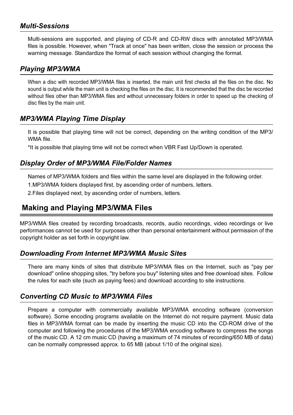 Multi-sessions, Playing mp3/wma, Mp3/wma playing time display | Display order of mp3/wma file/folder names, Making and playing mp3/wma files, Downloading from internet mp3/wma music sites, Converting cd music to mp3/wma files | Eclipse - Fujitsu Ten AVN2210p User Manual | Page 16 / 42