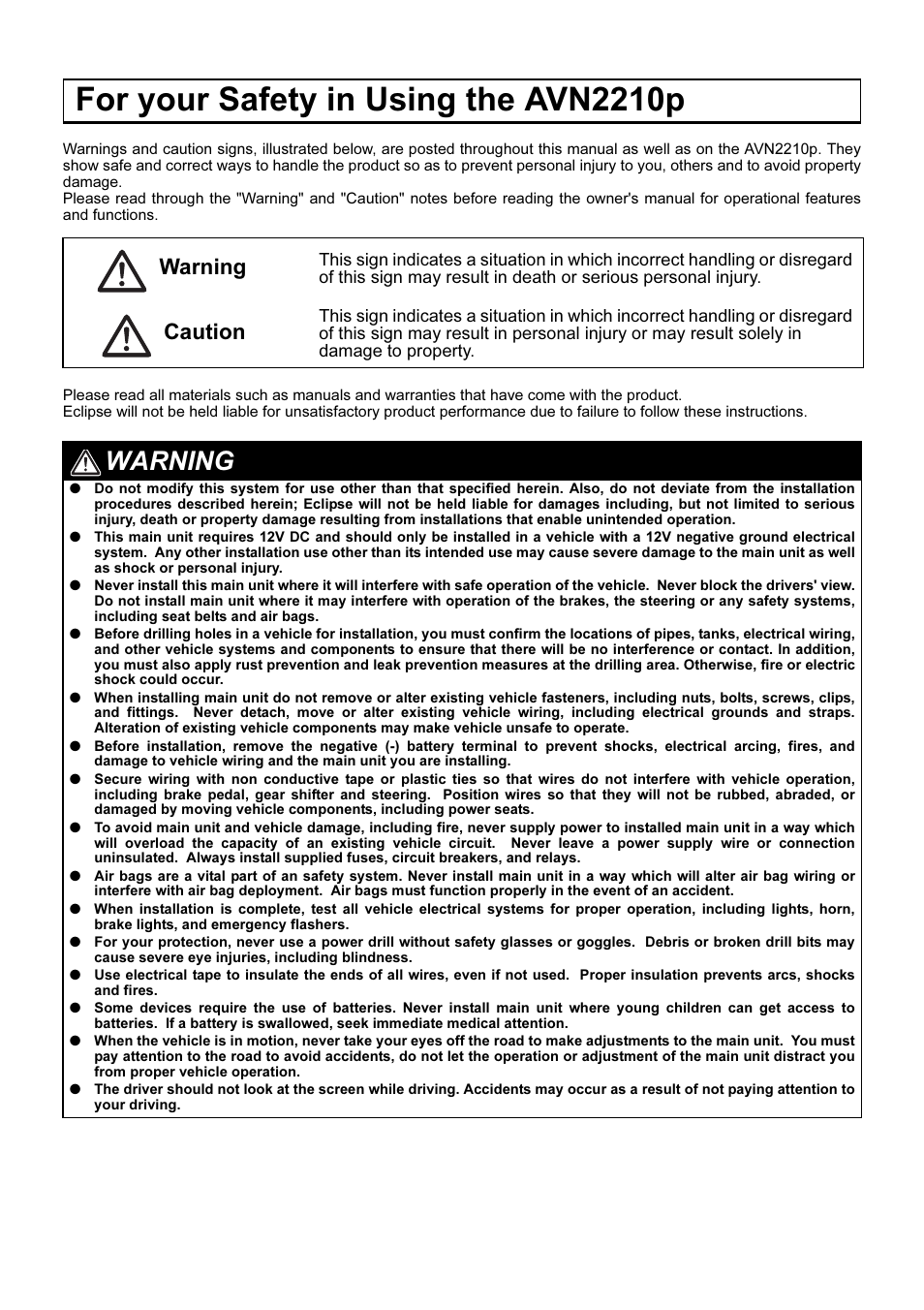 For your safety in using the avn2210p, Warning, Warning caution | Eclipse - Fujitsu Ten AVN2210p User Manual | Page 2 / 42