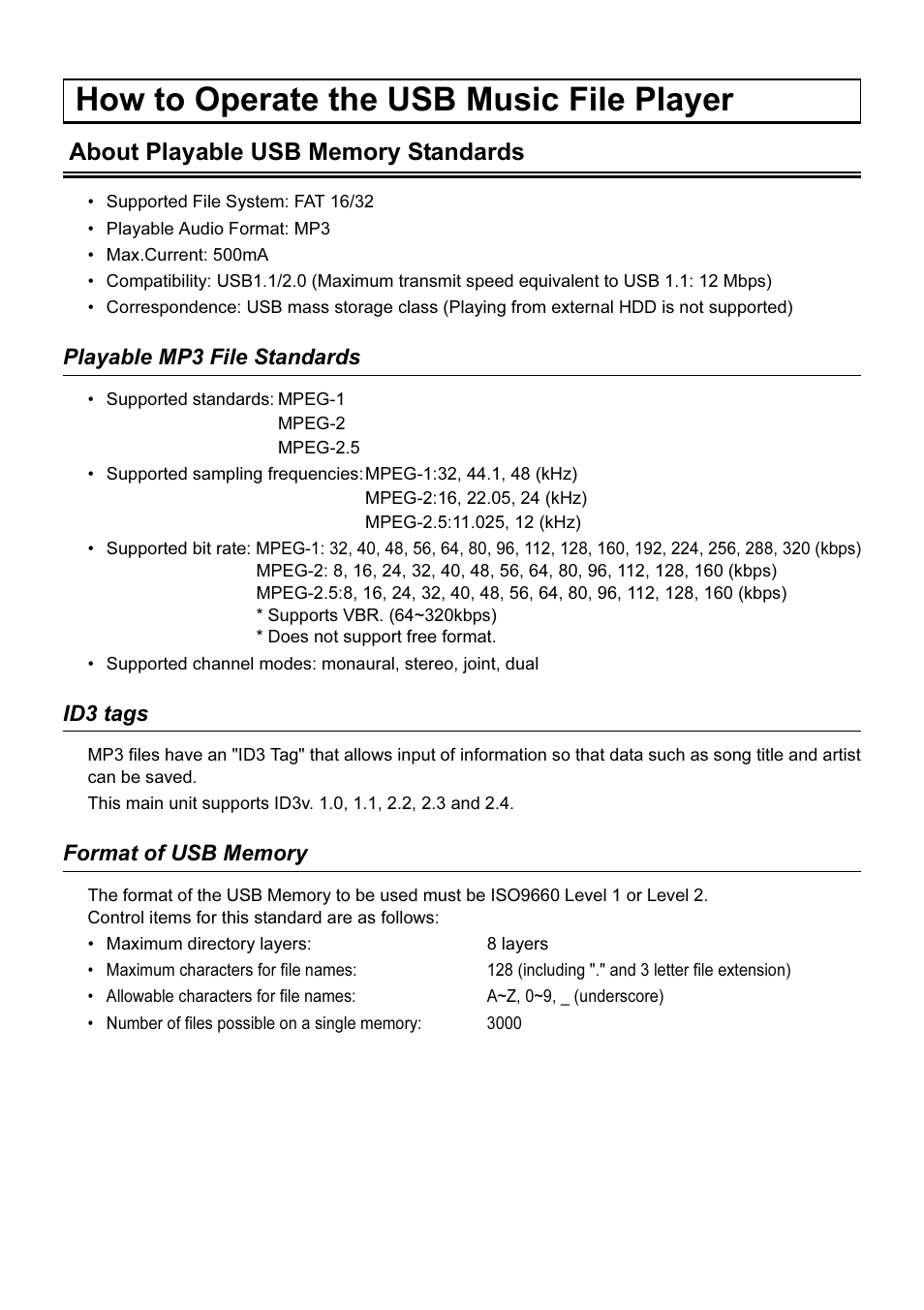 How to operate the usb music file player, About playable usb memory standards, Playable mp3 file standards | Id3 tags, Format of usb memory | Eclipse - Fujitsu Ten AVN2210p User Manual | Page 22 / 42
