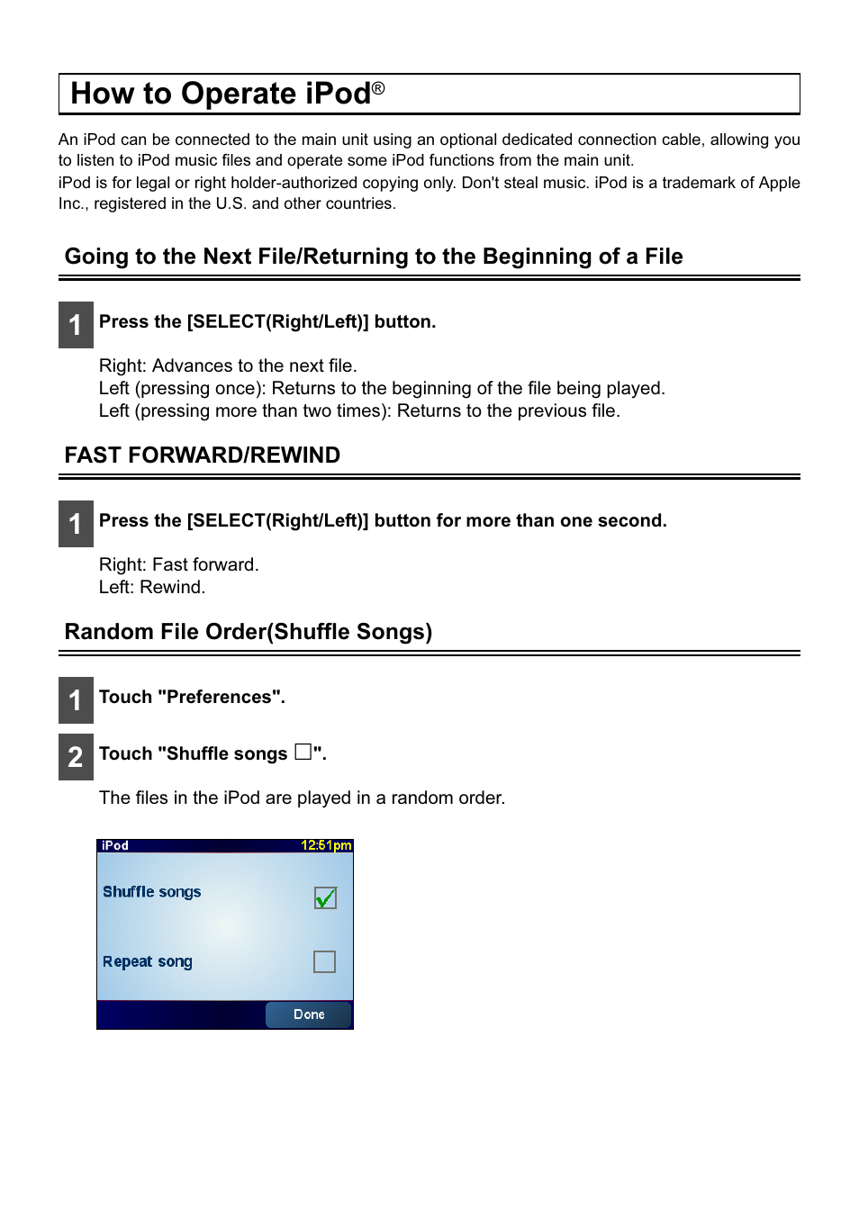 How to operate ipod, Fast forward/rewind, Random file order(shuffle songs) | Eclipse - Fujitsu Ten AVN2210p User Manual | Page 27 / 42