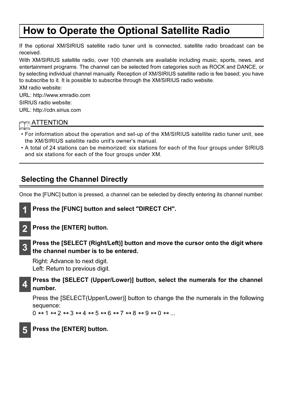 How to operate the optional satellite radio, Selecting the channel directly | Eclipse - Fujitsu Ten AVN2210p User Manual | Page 30 / 42
