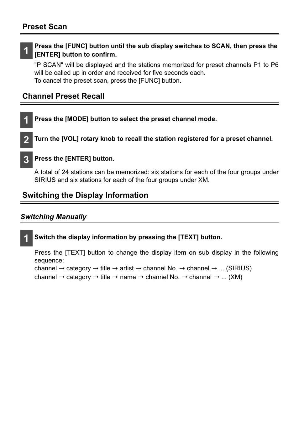 Preset scan, Channel preset recall, Switching the display information | Switching manually | Eclipse - Fujitsu Ten AVN2210p User Manual | Page 33 / 42