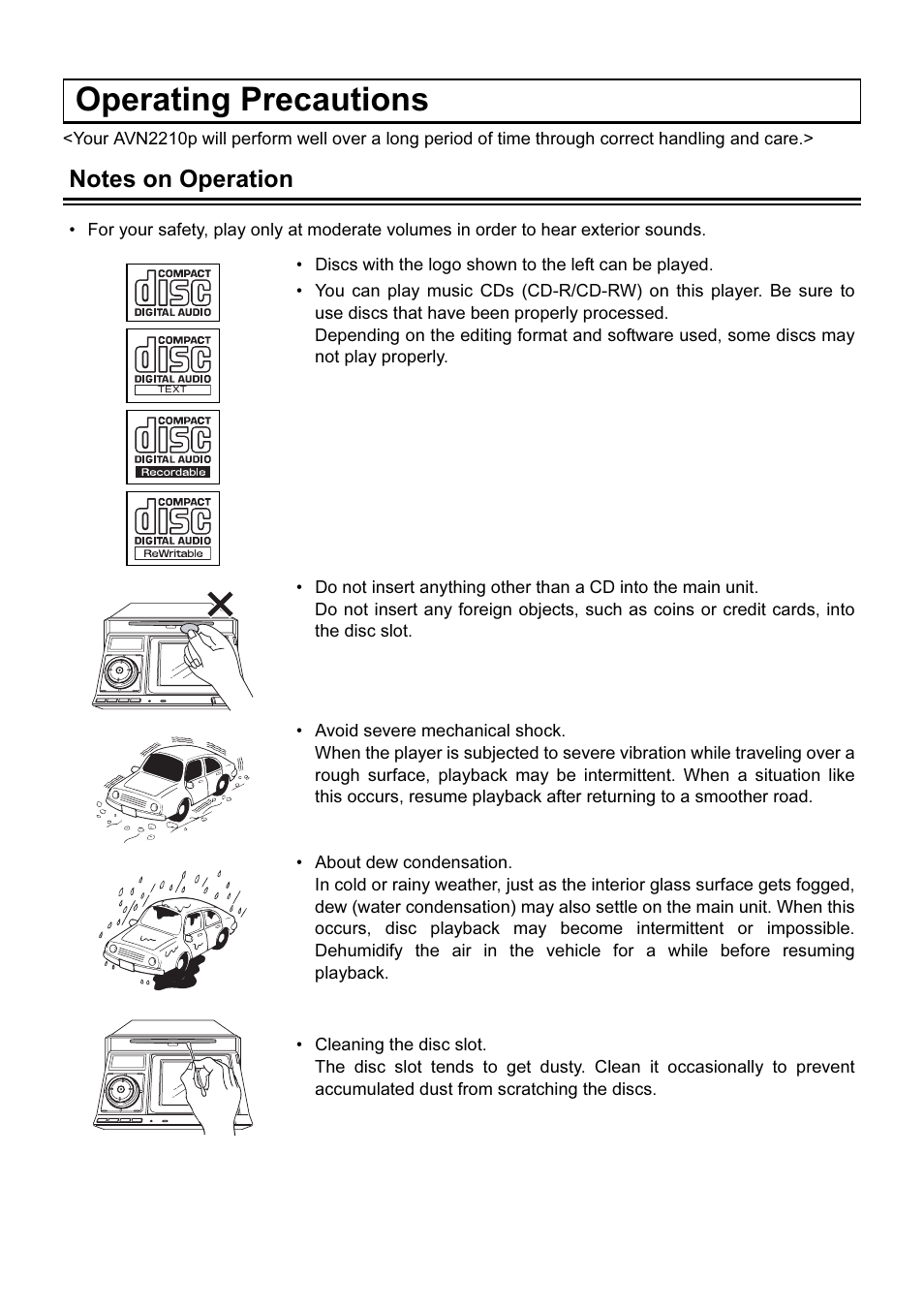 Operating precautions, Notes on operation | Eclipse - Fujitsu Ten AVN2210p User Manual | Page 4 / 42