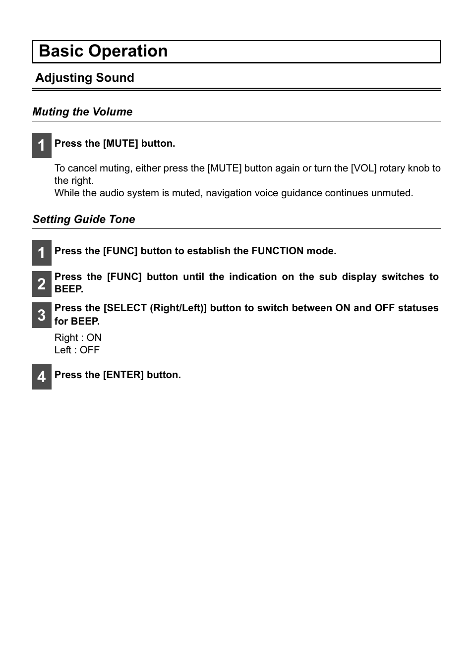 Basic operation, Adjusting sound, Muting the volume | Setting guide tone | Eclipse - Fujitsu Ten AVN2210p User Manual | Page 5 / 42