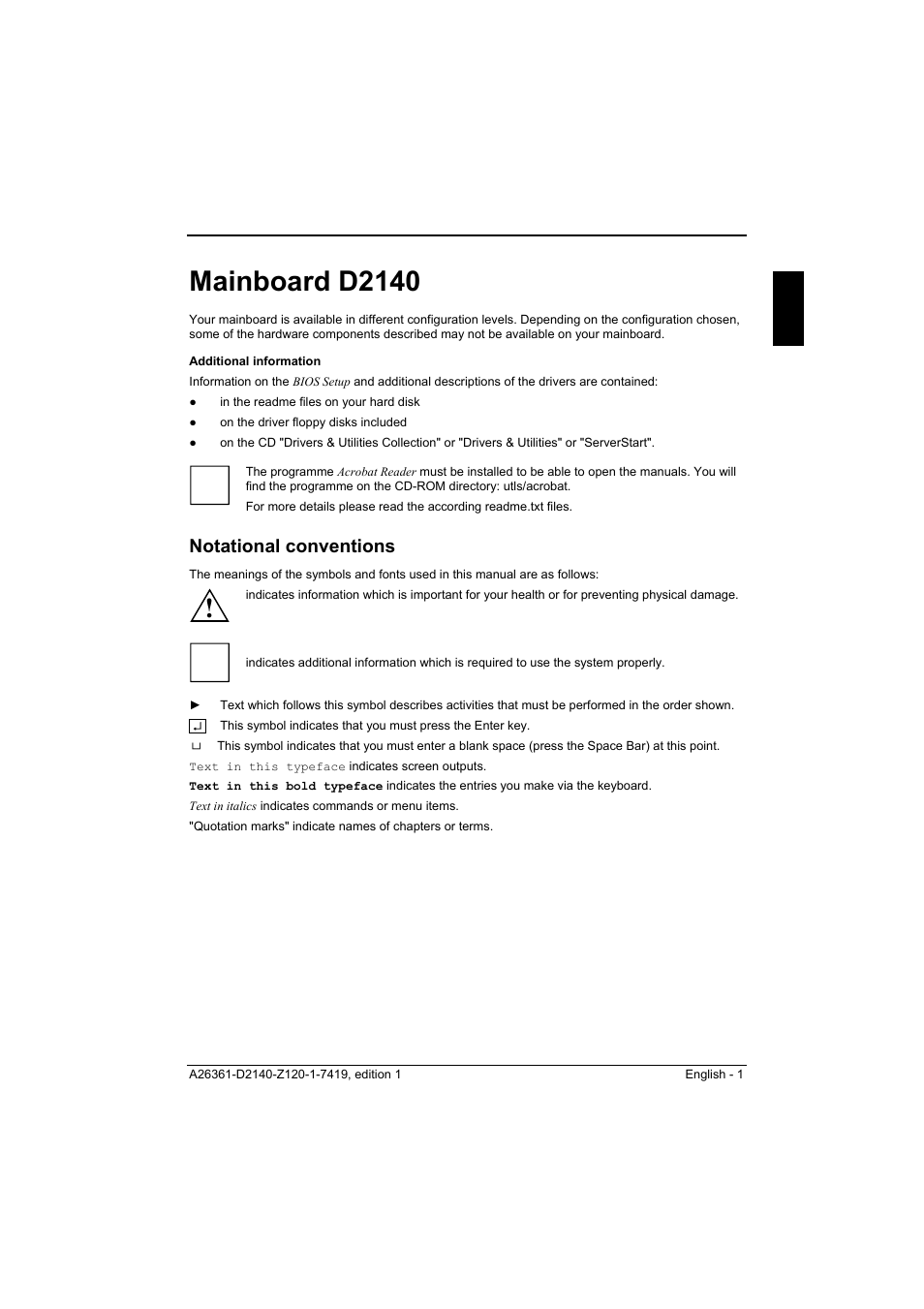 Mainboard d2140, Notational conventions | Eclipse - Fujitsu Ten Mainboard D2140 User Manual | Page 10 / 40