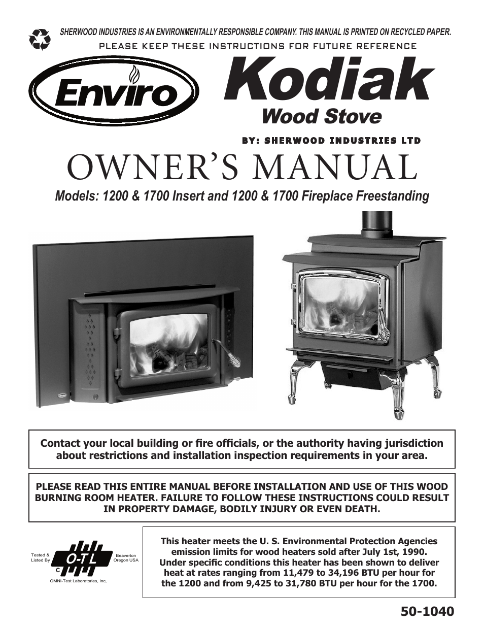 Enviro Kodiak 1700 Fireplace Freestanding User Manual | 50 pages