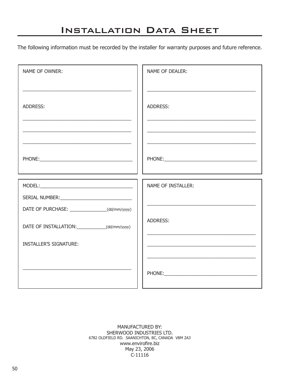 Installation data sheet | Enviro Kodiak 1700 Fireplace Freestanding User Manual | Page 50 / 50