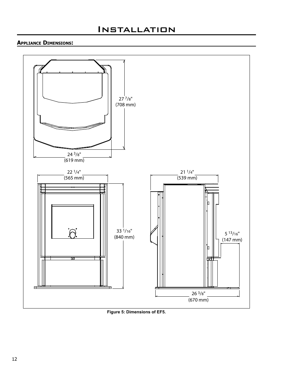 Appliance dimensions, Installation | Enviro C-10825 User Manual | Page 12 / 36