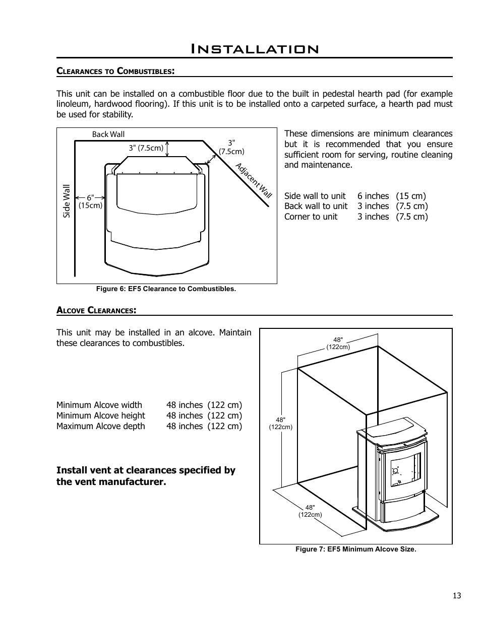 Clearances to combustibles, Alcove clearances, Installation | Enviro C-10825 User Manual | Page 13 / 36