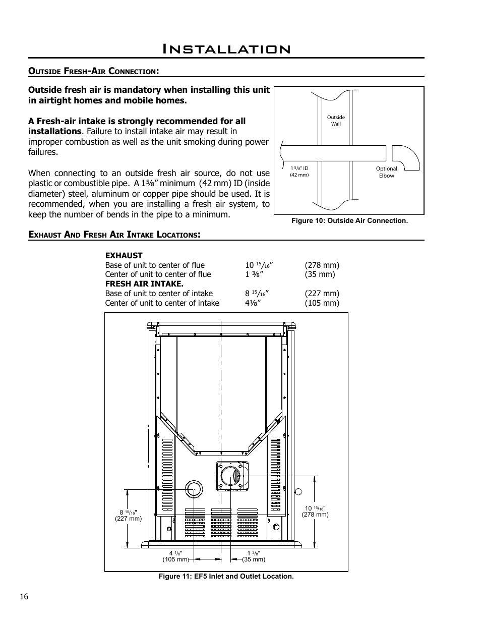 Outside fresh-air connection, Exhaust and fresh air intake locations, Installation | Enviro C-10825 User Manual | Page 16 / 36