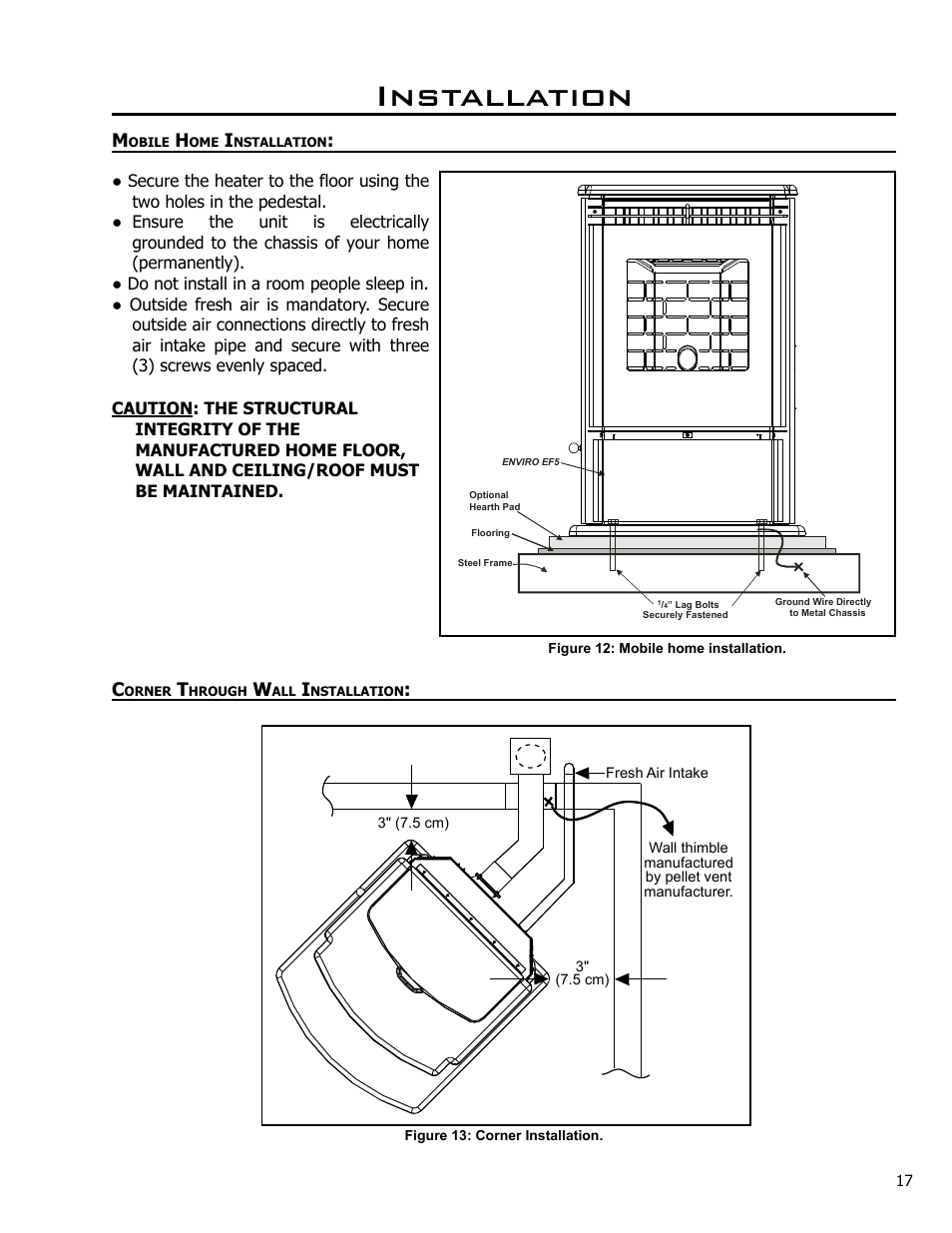 Mobile home installation - freestanding, Corner through wall installation - freestanding, Mobile home installation | Corner through wall installation, Installation | Enviro C-10825 User Manual | Page 17 / 36