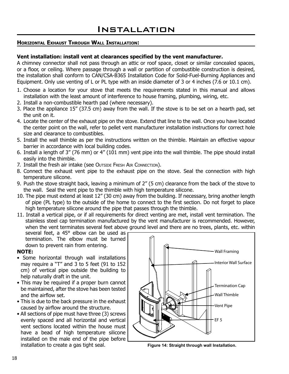 Horizontal exhaust through wall installation, Installation | Enviro C-10825 User Manual | Page 18 / 36