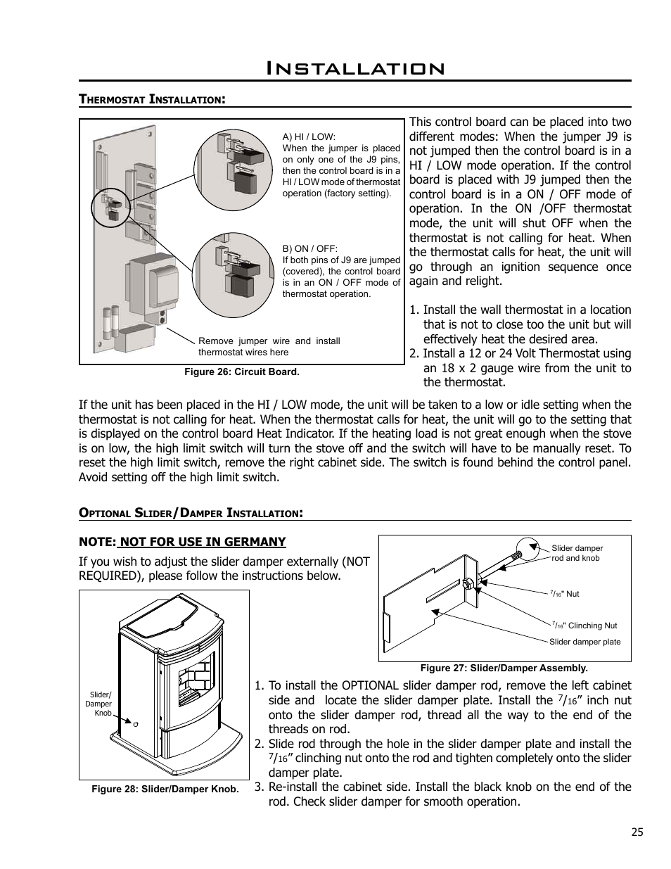 Thermostat installation, Optional slider/damper installation, Installation | Enviro C-10825 User Manual | Page 25 / 36