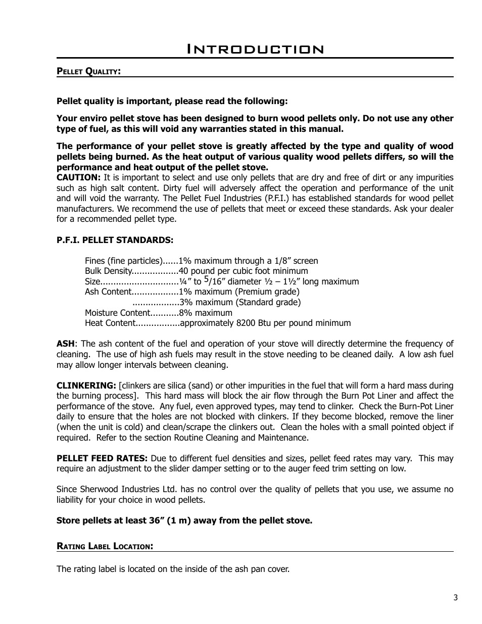 Introduction, Pellet quality, Rating label location | Enviro C-10825 User Manual | Page 3 / 36