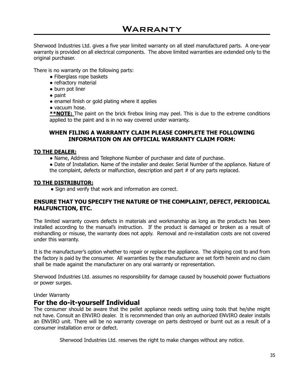 Warranty | Enviro C-10825 User Manual | Page 35 / 36