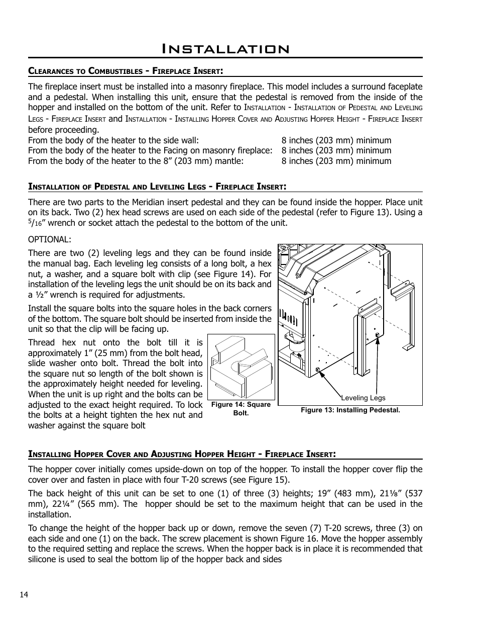 Clearances to combustibles - fireplace insert, Installation | Enviro Meridian User Manual | Page 14 / 44