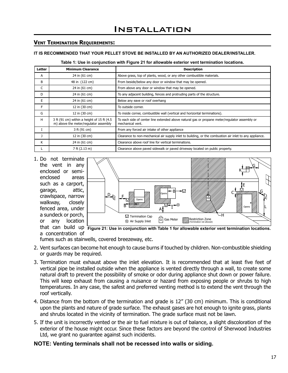 Vent termination requirements, Installation | Enviro Meridian User Manual | Page 17 / 44
