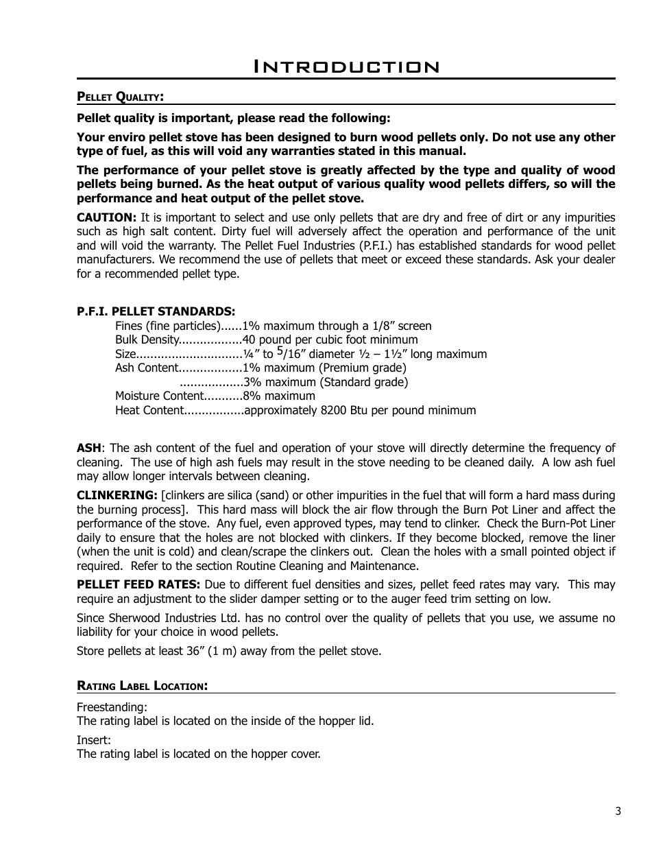 Introduction, Pellet quality, Rating label location | Enviro Meridian User Manual | Page 3 / 44