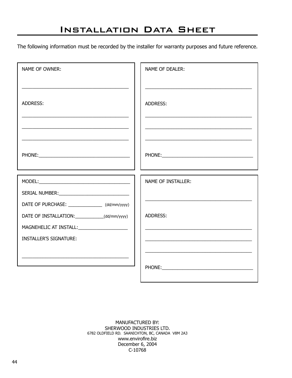 Installation data sheet | Enviro Meridian User Manual | Page 44 / 44