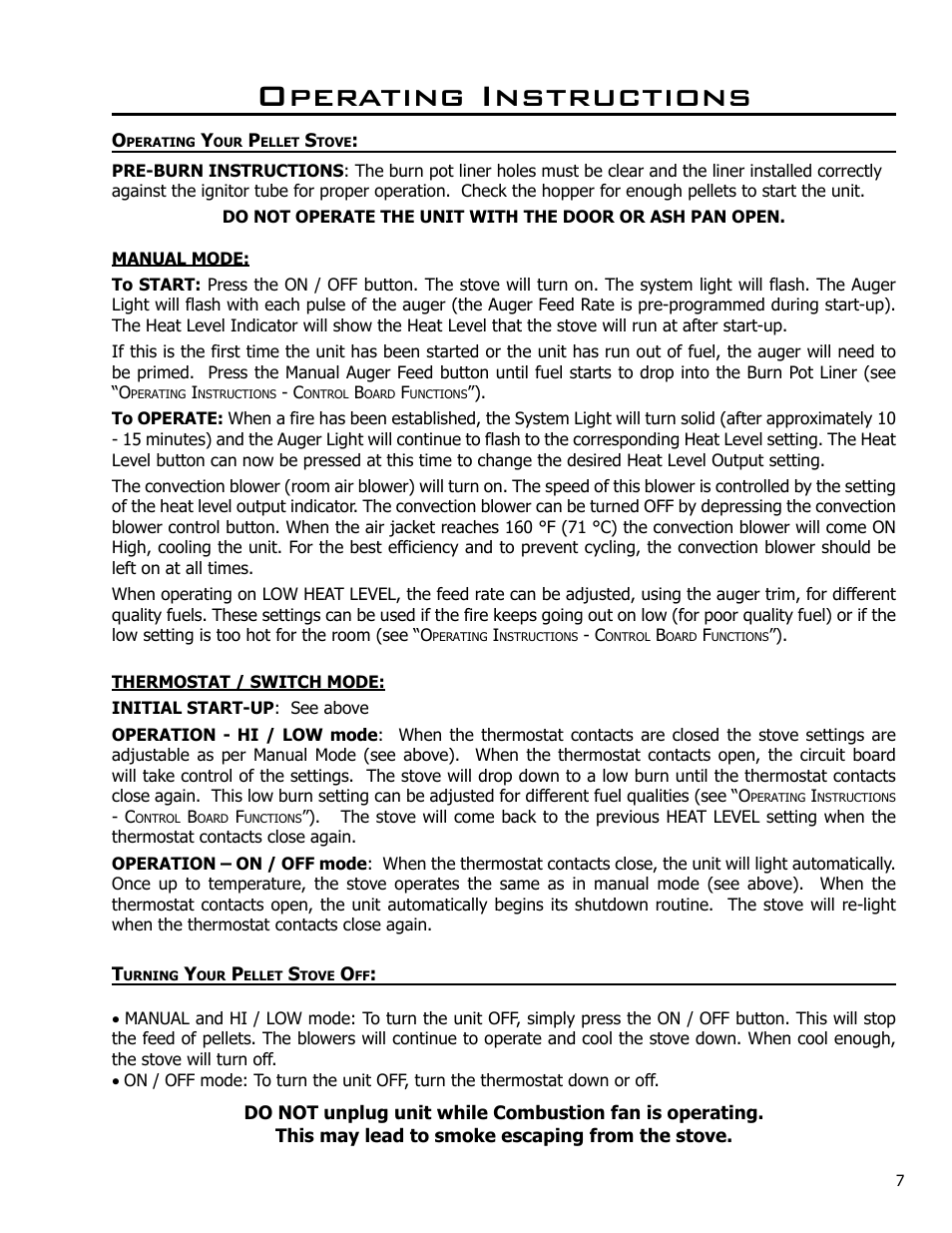 Operating your pellet stove, Turning your pellet stove off, Operating instructions | Enviro Meridian User Manual | Page 7 / 44