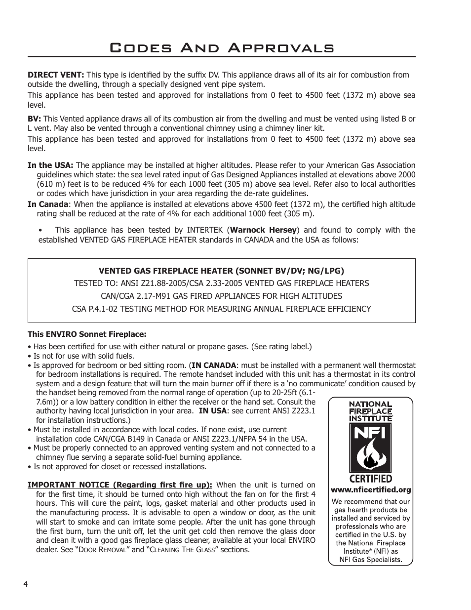 Codes and approvals | Enviro Sonnet C-11253 User Manual | Page 4 / 48