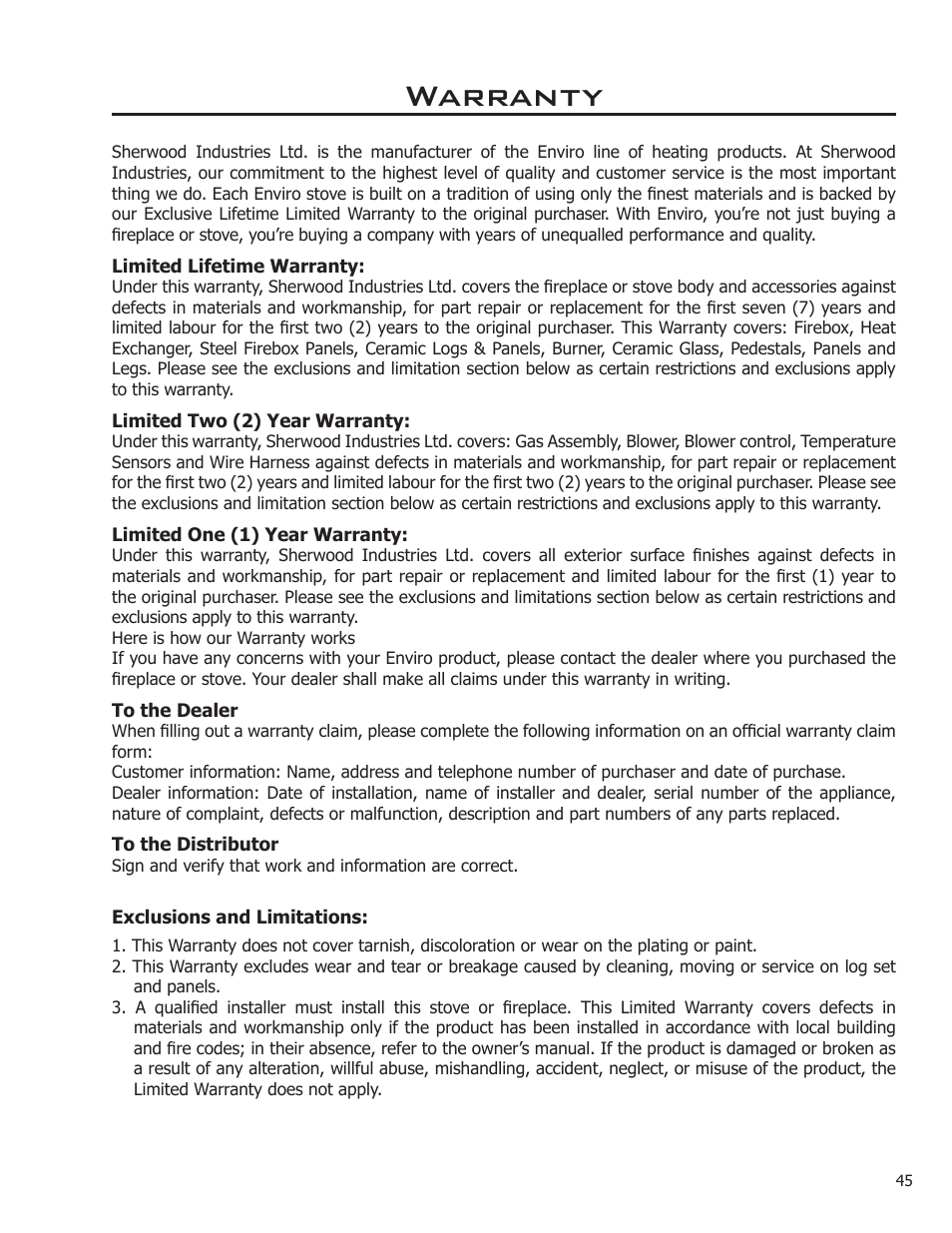 Warranty | Enviro Sonnet C-11253 User Manual | Page 45 / 48