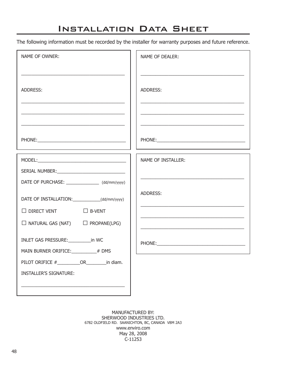 Installation data sheet | Enviro Sonnet C-11253 User Manual | Page 48 / 48