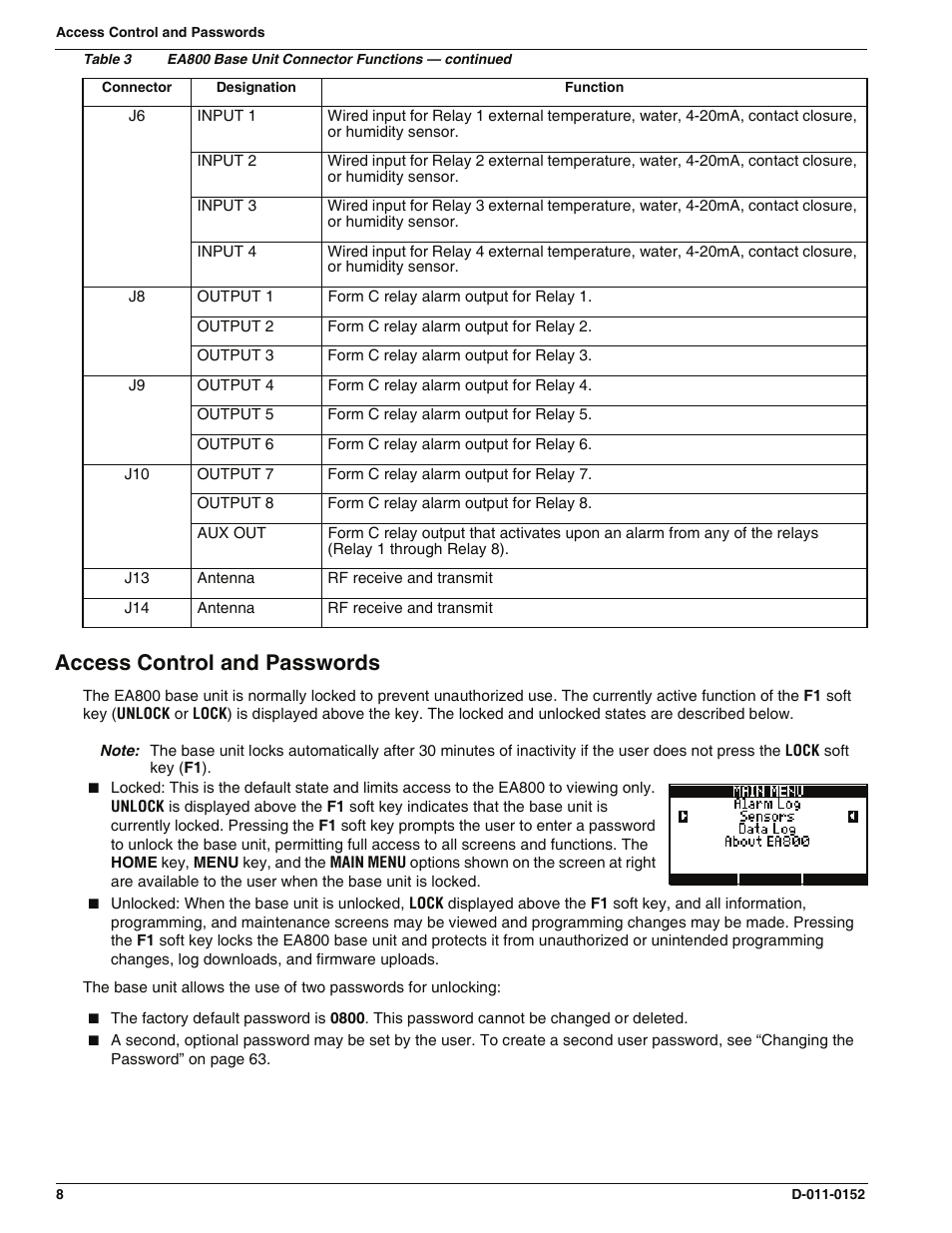 Access control and passwords | Enviro EA800 User Manual | Page 12 / 98