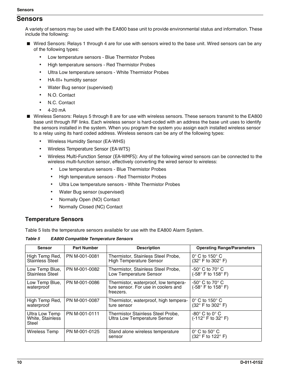 Sensors, Temperature sensors | Enviro EA800 User Manual | Page 14 / 98