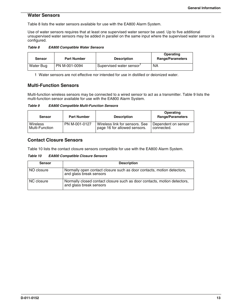Water sensors, Multi-function sensors, Contact closure sensors | Enviro EA800 User Manual | Page 17 / 98