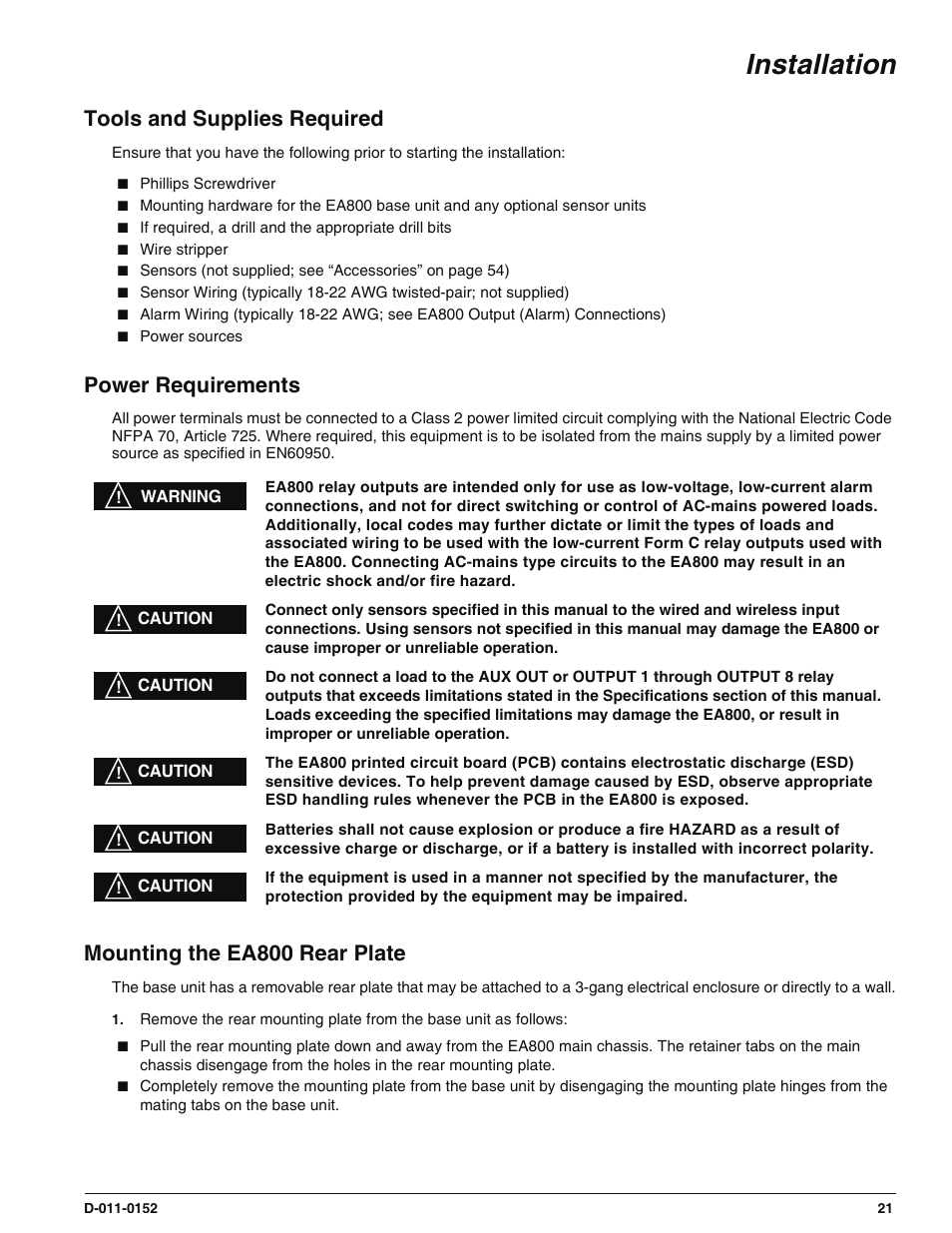 Installation, Tools and supplies required, Power requirements | Mounting the ea800 rear plate | Enviro EA800 User Manual | Page 25 / 98