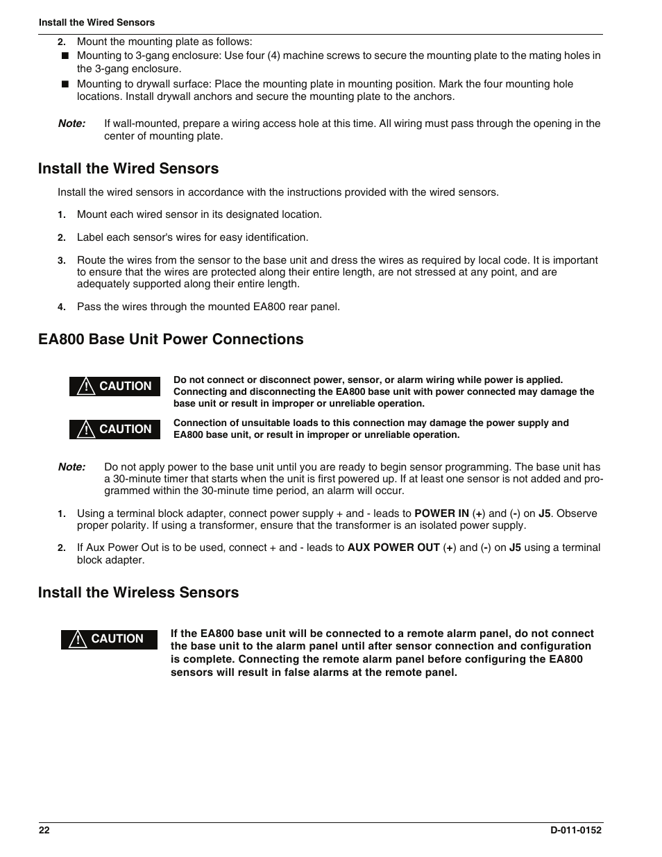 Install the wired sensors, Ea800 base unit power connections, Install the wireless sensors | Enviro EA800 User Manual | Page 26 / 98