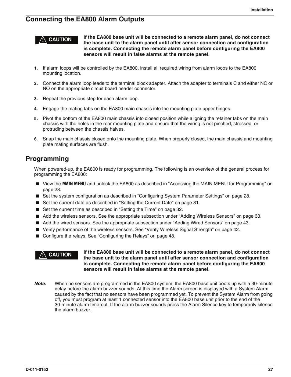 Connecting the ea800 alarm outputs, Programming, Connecting the ea800 alarm outputs programming | Enviro EA800 User Manual | Page 31 / 98