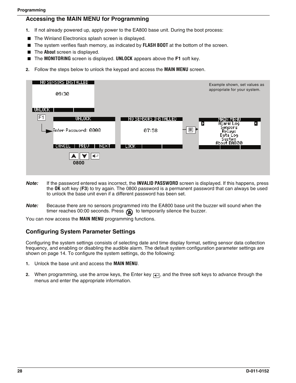 Accessing the main menu for programming, Configuring system parameter settings, Accessing the main menu for programming” on | Enviro EA800 User Manual | Page 32 / 98