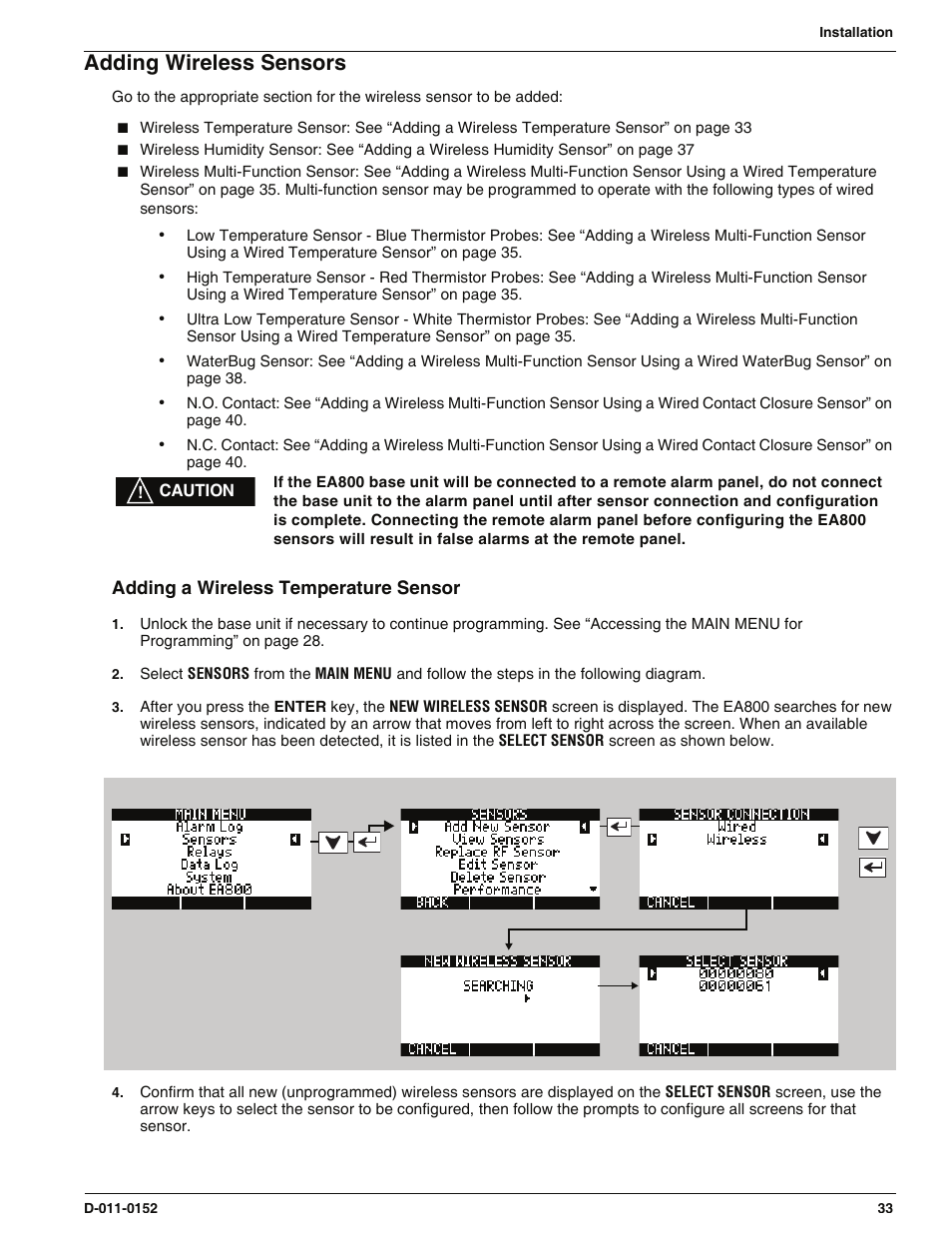 Adding wireless sensors, Adding a wireless temperature sensor | Enviro EA800 User Manual | Page 37 / 98