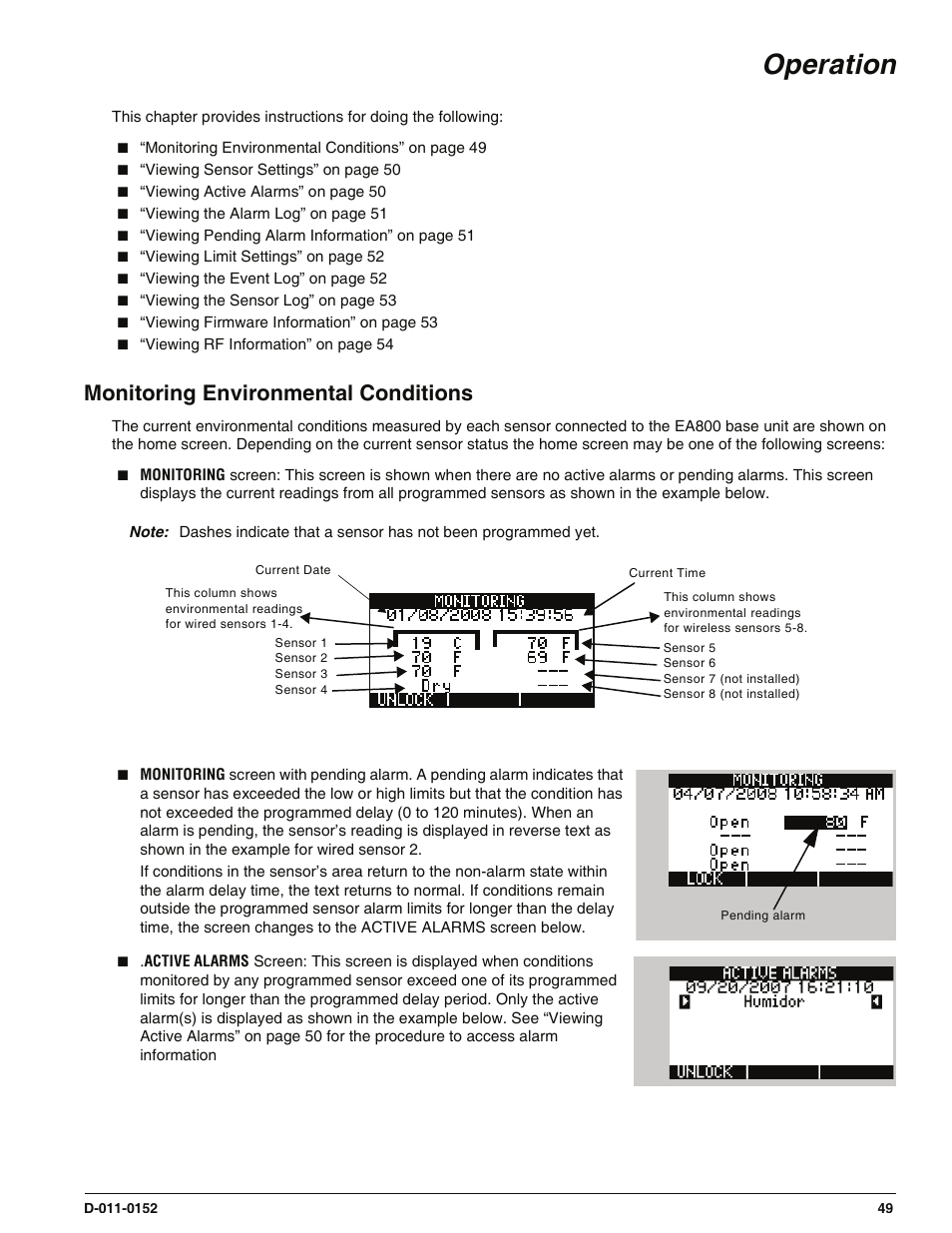 Operation, Monitoring environmental conditions | Enviro EA800 User Manual | Page 53 / 98