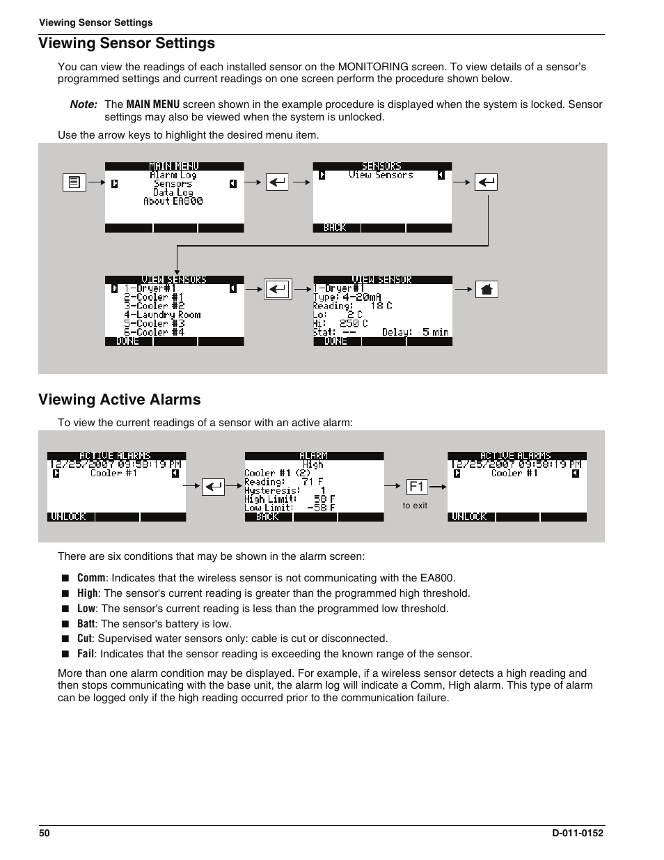 Viewing sensor settings, Viewing active alarms, Viewing sensor settings viewing active alarms | Enviro EA800 User Manual | Page 54 / 98