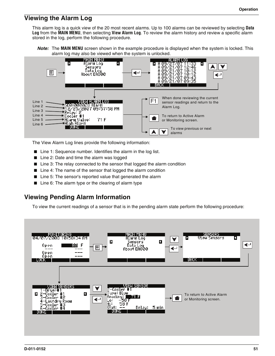 Viewing the alarm log, Viewing pending alarm information | Enviro EA800 User Manual | Page 55 / 98
