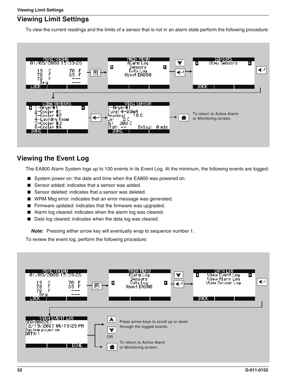 Viewing limit settings, Viewing the event log, Viewing limit settings viewing the event log | Enviro EA800 User Manual | Page 56 / 98