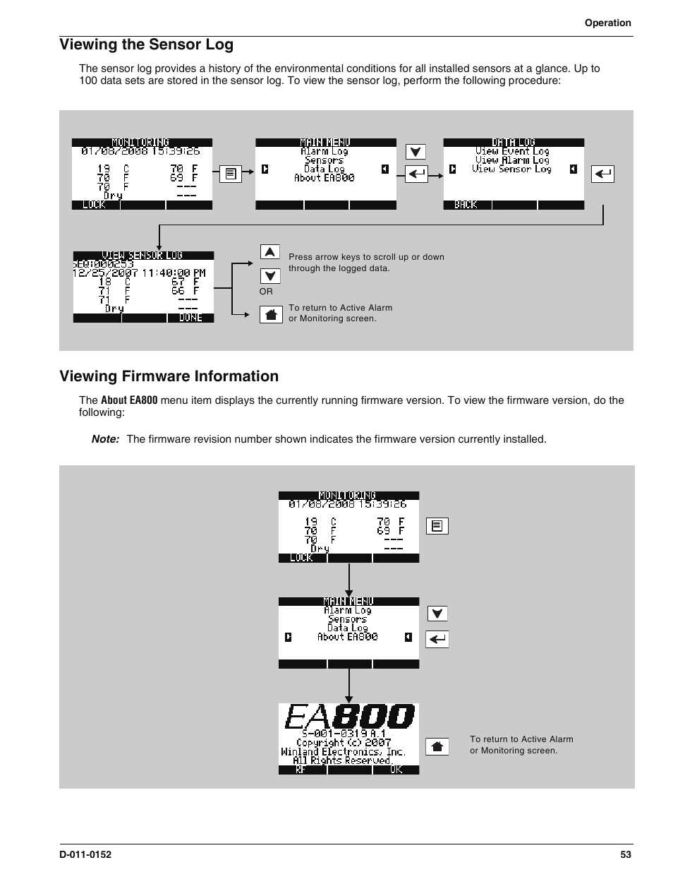Viewing the sensor log, Viewing firmware information | Enviro EA800 User Manual | Page 57 / 98