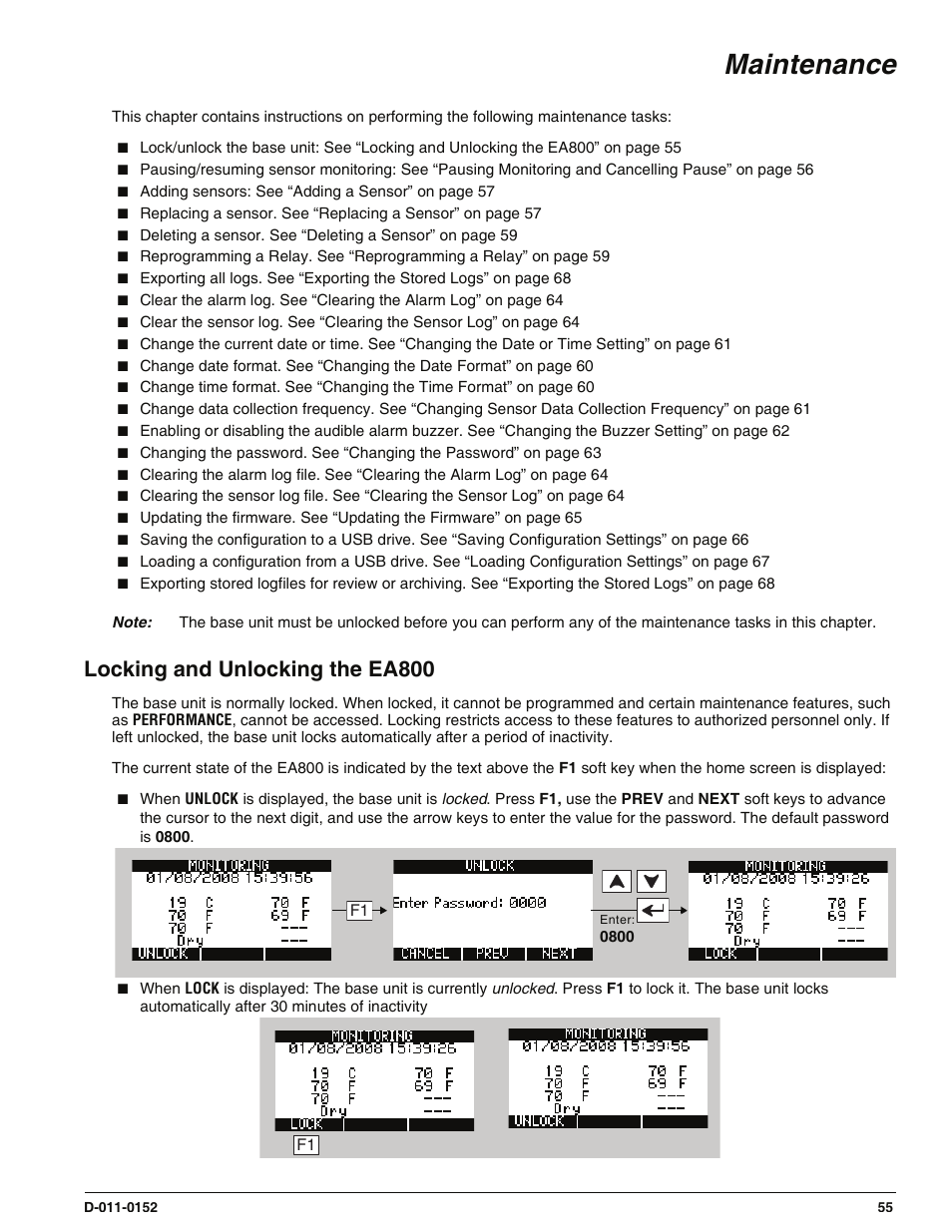 Maintenance, Locking and unlocking the ea800 | Enviro EA800 User Manual | Page 59 / 98