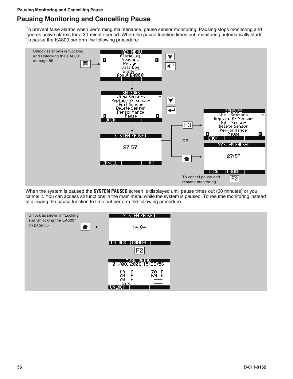 Pausing monitoring and cancelling pause | Enviro EA800 User Manual | Page 60 / 98