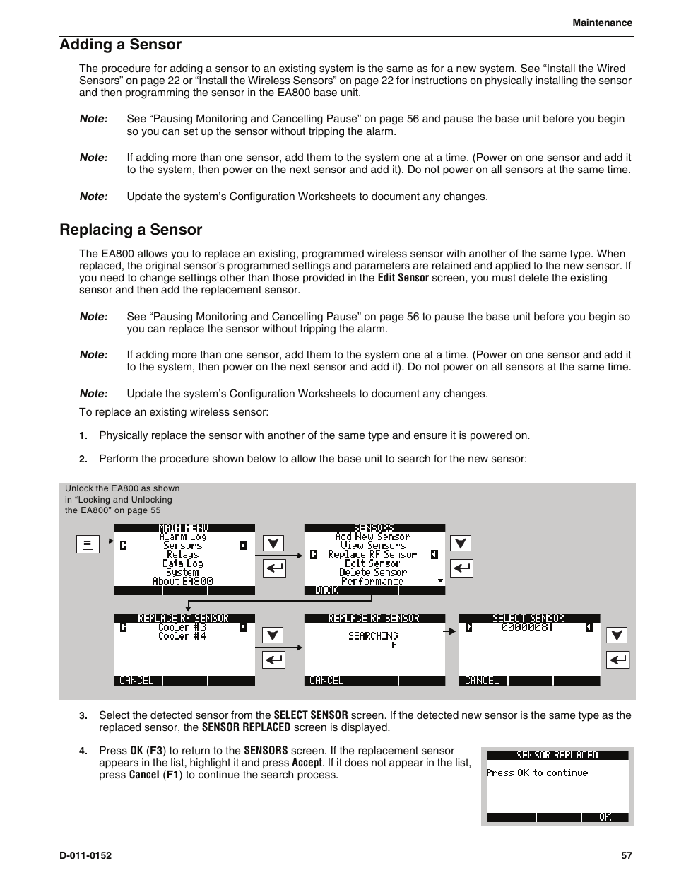 Adding a sensor, Replacing a sensor, Adding a sensor replacing a sensor | Enviro EA800 User Manual | Page 61 / 98