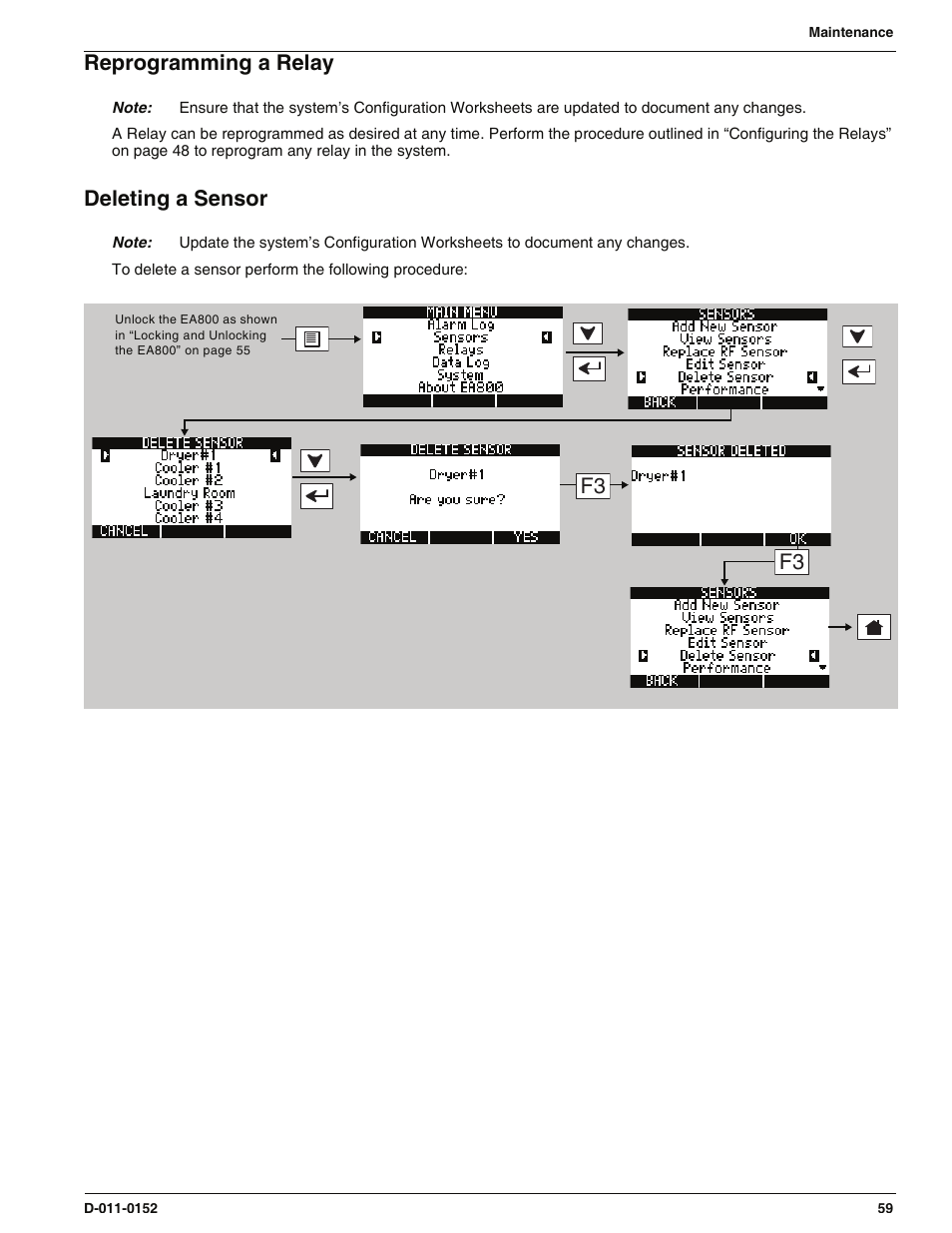 Reprogramming a relay, Deleting a sensor, Reprogramming a relay deleting a sensor | Deleting | Enviro EA800 User Manual | Page 63 / 98