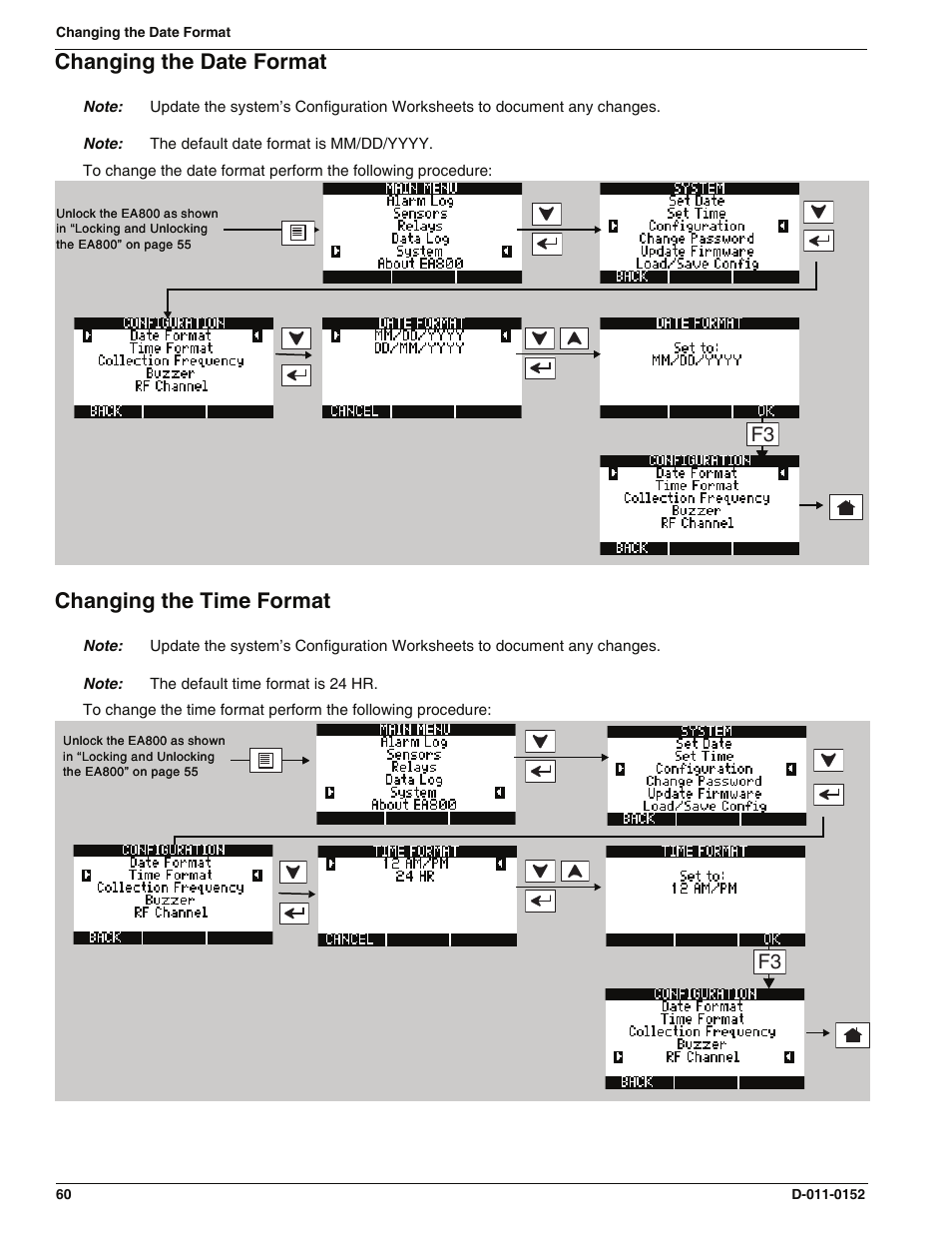 Changing the date format, Changing the time format, Changing the date format changing the time format | Enviro EA800 User Manual | Page 64 / 98