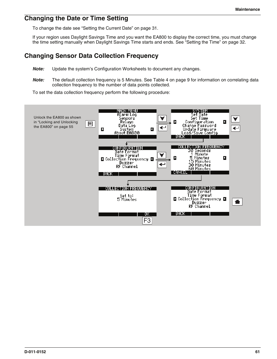Changing the date or time setting, Changing sensor data collection frequency | Enviro EA800 User Manual | Page 65 / 98