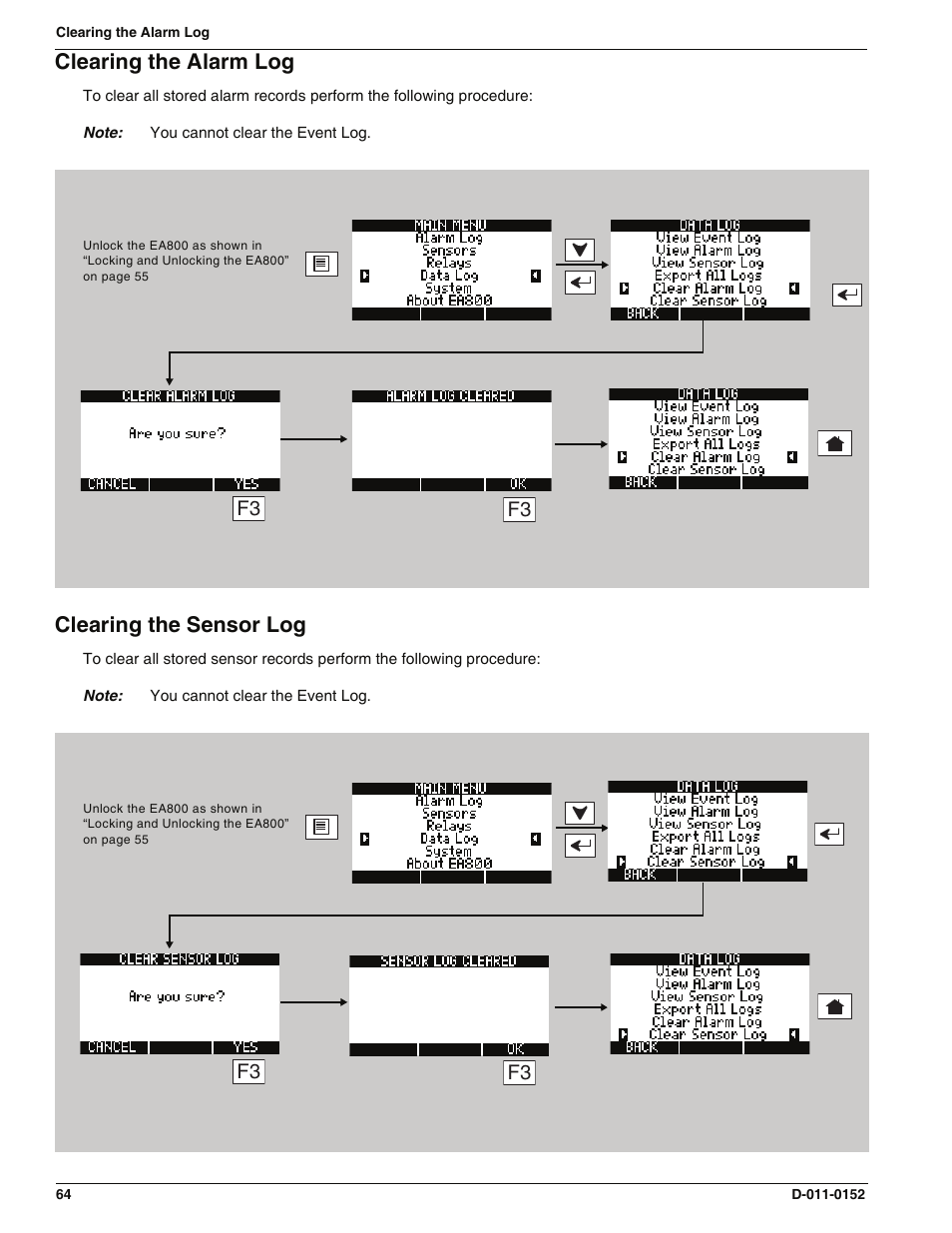 Clearing the alarm log, Clearing the sensor log, Clearing the alarm log clearing the sensor log | Enviro EA800 User Manual | Page 68 / 98