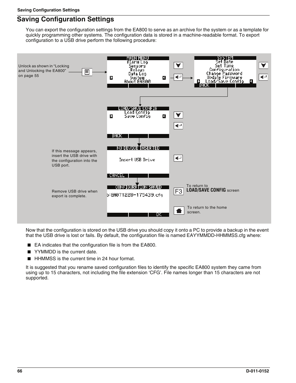 Saving configuration settings | Enviro EA800 User Manual | Page 70 / 98