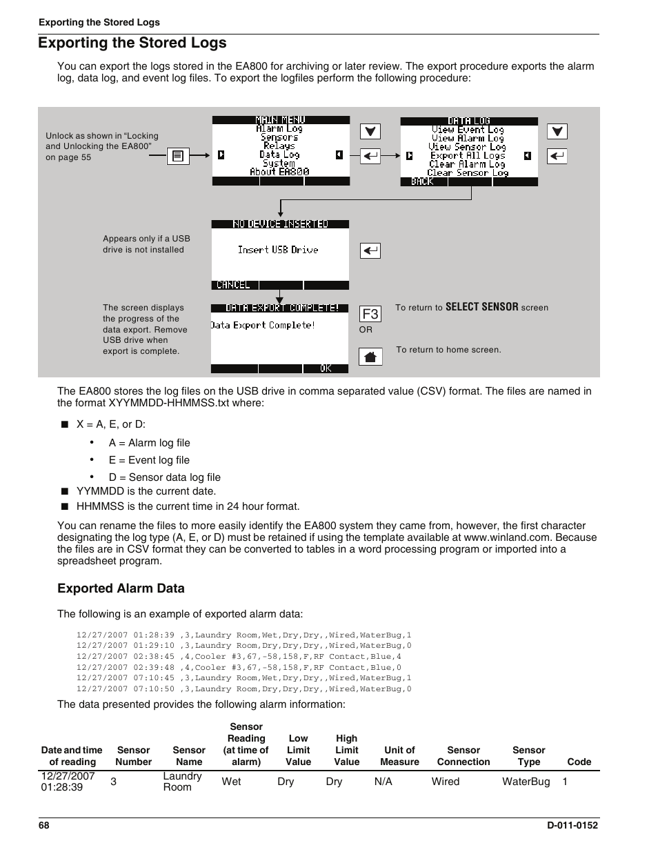 Exporting the stored logs, Exported alarm data | Enviro EA800 User Manual | Page 72 / 98