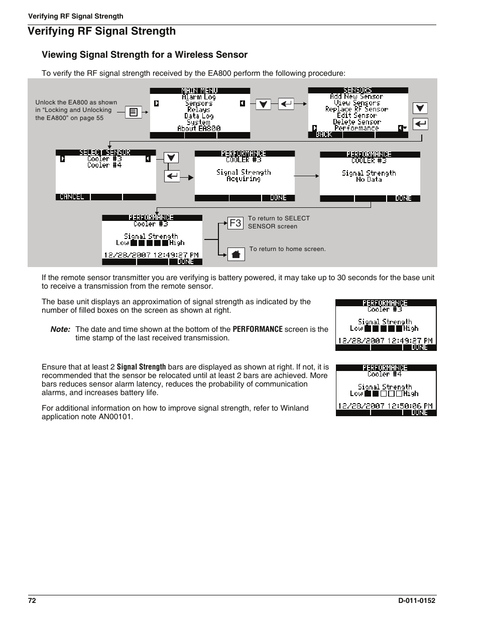 Verifying rf signal strength, Viewing signal strength for a wireless sensor | Enviro EA800 User Manual | Page 76 / 98